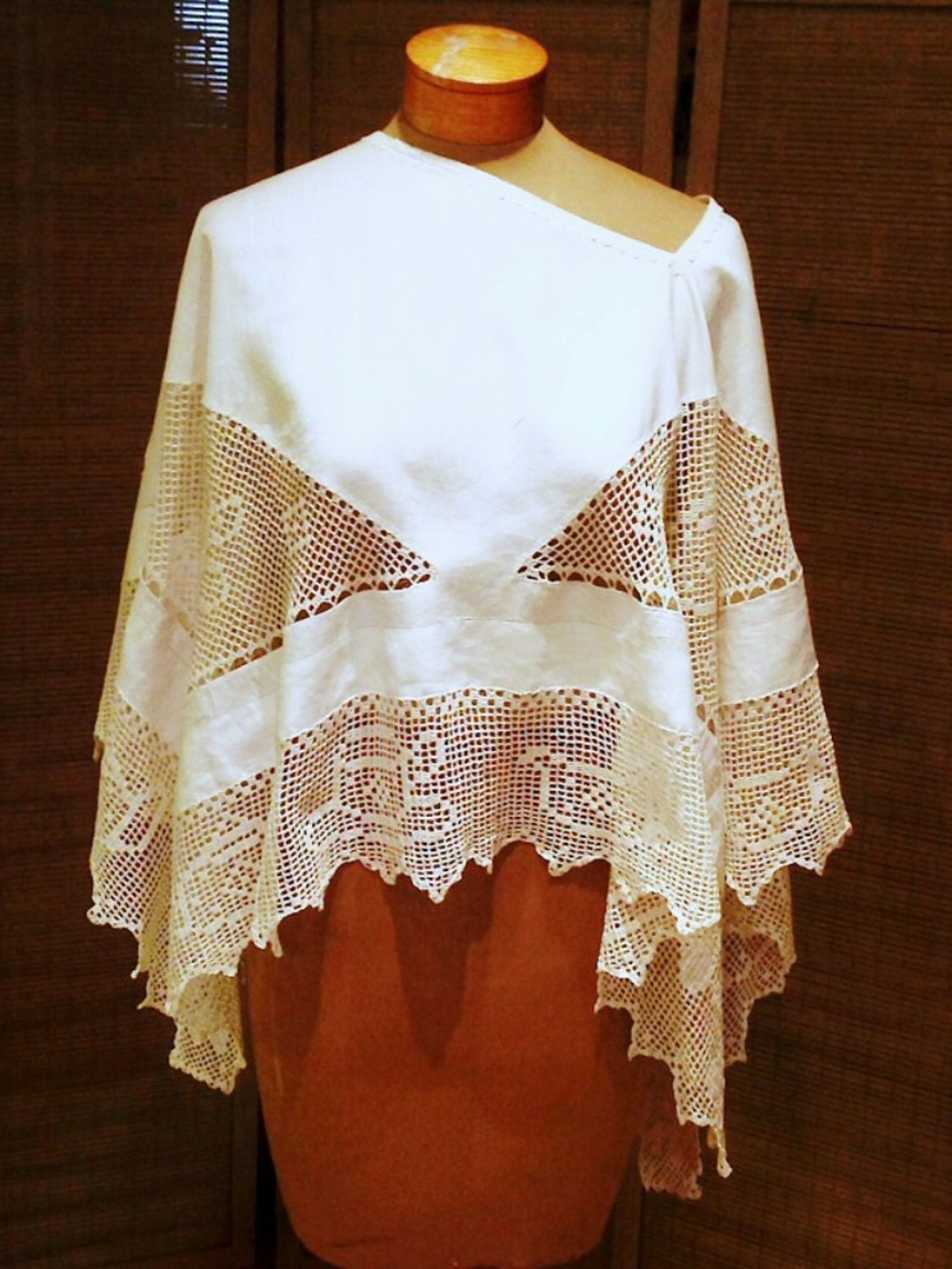 Lace and linen Shawl top poncho made from vintage tablecloth